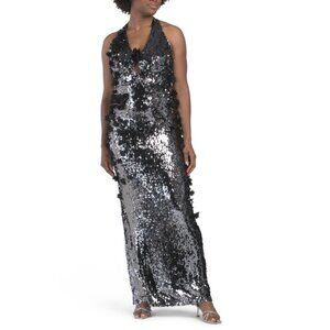 DRESS THE POPULATION Gunmetal Priscilla Sequin Gown